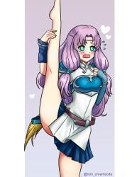 1girls armor blue_skirt blush breastplate circlet commission dress embarrassed fire_emblem fire_emblem:_the_blazing_blade flexible florina_(fire_emblem) flying_teardrops green_eyes heart highres holding_leg leg_lift leg_up long_hair looking_at_viewer medium_breasts nintendo open_mouth pleated_skirt purple_hair rein_creamsoda shoulder_armor skirt solo split standing standing_on_one_leg standing_split tears thighs twitter_username white_dress