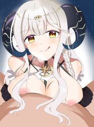 1girls beauty_mark blush boobjob breasts ciyana completely_nude horns indie_virtual_youtuber legs_apart light-skinned_female night nipples nude paizuri titfuck titjob virtual_youtuber vtuber