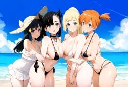 4girls :o ai_generated aqua_eyes asymmetrical_bangs asymmetrical_hair bangs bare_shoulders beach bikini bikini_bottom black_bikini black_choker black_hair black_swimsuit blonde_hair blue_eyes blue_hair blue_sky blush braid breast_grab breasts choker clavicle cleavage closed_mouth clothing cloud dawn_(pokemon) day embracing eyebrows eyebrows_visible_through_hair female frills grabbing green_eyes groping hair_ornament hair_ribbon hat headwear high_resolution hug huge_breasts jewelry kasumi_(pokemon) large_breasts legs lillie_(pokemon) long_hair looking_at_viewer marnie_(pokemon) micro_bikini multiple_girls navel o-ring o-ring_bikini ocean one-piece_swimsuit open_mouth orange_hair outdoors pokemon ponytail ribbon sand shiny short_hair side-tie_bikini side-tie_bikini_bottom side-tie_clothing side-tie_swimsuit side_ponytail sky smile standing straw_hat sun_hat swimsuit thick_thighs thighs tied_hair twintails water white_bikini white_one-piece_swimsuit white_swimsuit