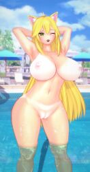 1girls 3d ahoge areolae arms_behind_head arms_up ass big_ass big_nipples breasts cat_ears deluxe_rosie female female_only green_eyes hips hourglass_figure huge_breasts in_water indie_virtual_youtuber lipstick long_hair looking_at_viewer nipples open_mouth outdoors pool pussy smile solo solo_female standing tan-skinned_female tan_body tan_skin thick_thighs thighs thin_waist veibae virtual_youtuber water wet wet_body wet_skin wide_hips wink winking_at_viewer yellow_hair
