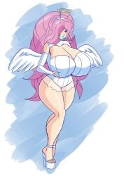 1girls angel_costume annon bimbo breasts female fluttershy_(mlp) high_heels hoop_earrings huge_breasts my_little_pony pink_hair platform_heels solo