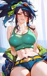 abs ai_generated akali biting_lip black_hair green_eyes green_tank_top jacket league_of_legends looking_at_viewer short_shorts tagme tank_top