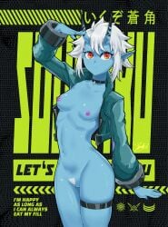 1girls blue_body blue_skin breasts demon demon_girl female female_only jacket jacket_only leather_jacket nipples oni oni_female open_jacket orange_eyes pointy_ears pubes pubic_hair pussy salute saluting short_hair small_breasts solo soukaku vagina white_hair yomz zenless_zone_zero