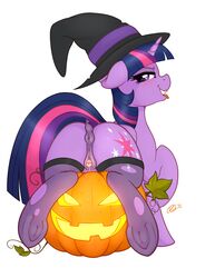 2018 anatomically_correct anatomically_correct_pussy animal_genitalia animal_pussy anus ass clitoral_winking clitoris costume cutie_mark dock equine equine_pussy eyelashes female feral food friendship_is_magic fruit halloween hat hi_res holidays looking_at_viewer looking_back mammal my_little_pony presenting presenting_anus presenting_pussy pumpkin pussy ratofdrawn simple_background solo tongue tongue_out twilight_sparkle_(mlp) white_background wizard_hat