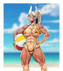 1girls abs absurd_res animal_ears beach bikini breasts bunny_ears bunny_girl golden_bikini grin hi_res huge_breasts miruko my_hero_academia outdoors red_eyes rumi_usagiyama solo sparkeyjinjin swimsuit tan_body tanline white_hair