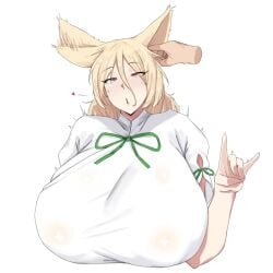 1girls animal_ears big_breasts breasts brown_eyes clothed_female disembodied_hand fox_ears fox_girl huge_breasts kudamaki_tsukasa light-skinned_female omikami platinum_blonde_hair poking touhou white_background