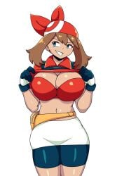 1girls artist_name big_breasts bike_shorts blue_eyes bra breasts brown_hair busty child_bearing_hips cleavage clothes_lift curvy female female_only highres iggy-bomb large_breasts legs lifting_own_clothes looking_at_viewer may_(pokemon) naughty_face navel nintendo pokemon pokemon_rse presenting presenting_breasts shirt_lift smile solo strapless strapless_bra thick_thighs thighs underwear voluptuous wide_hips