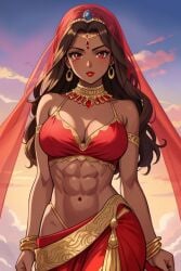 abs ai_generated armlet bangle bare_shoulders big_breasts bindi brown_hair cleavage cloud clouds dark-skinned_female dark_skin earrings female female_focus female_only gold_eyes hourglass_figure indian indian_clothes indian_female jewelry looking_at_viewer navel necklace red_clothing red_eyes red_lips red_lipstick saree sari sky slim_waist smile smiling smiling_at_viewer solo solo_female solo_focus standing veil wide_hips