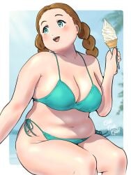 artist_request bikini blue_eyes blush braid breasts brown_hair fat female food gundam gundam_suisei_no_majo highres ice_cream ice_cream_cone kenken28937178 large_breasts lilique_kadoka_lipati plump side-tie_bikini_bottom sitting solo swimsuit twin_braids