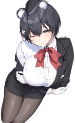 1girls arms_crossed black_eyes black_hair blue_archive clothing_aside hat large_breasts mono_(mo_n_mno) one_eye_closed panda_ears pencil_skirt thick_thighs tsubaki_(blue_archive) tsubaki_(guide)_(blue_archive) white_gloves