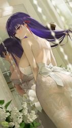 1girls ass big_ass big_breasts breasts brushing_hair busty curvy dat_ass fate/grand_order fate_(series) female female_only long_hair matou_sakura mirror ongdal purple_hair see-through see-through_clothing solo voluptuous wedding_dress