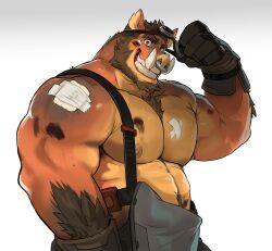 1boy bandaid bara bara_tits bare_pectorals beard big_penis black_gloves boar boar_boy brown_eyes brown_fur brown_hair dad_bod dirty furry furry_male furry_only garret_(saltypoundcake) gay gloves goggles goggles_on_head grin hairy_chest highres hog huge_pectorals large_pectorals looking_at_viewer male male_focus male_only muscular muscular_male nipples nose_piercing nose_ring orange_skin original original_character pecs pectorals saltypoundcake smile smiling_at_viewer solo spookeedoo thick_arm_hair thick_arms thick_eyebrows upper_body upper_body_focus