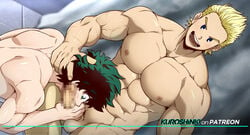 2boys abs bara censored duo fellatio gay izuku_midoriya kuroshinki male male_only mirio_togata muscles muscular muscular_male my_hero_academia smile wide_eyed yaoi