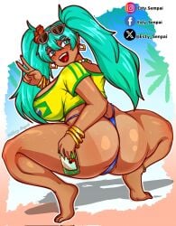 2d ass brazil brazilian brazilian_female brazilian_miku bubble_butt busty esty_senpai female female_focus female_only hatsune_miku hourglass_figure long_hair looking_back rear_view sideboob squatting tagme tan tan_body tan_skin tanline thong twintails vocaloid wide_hips