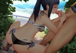 1boy 1girls ass bangs bikini black_bikini black_hair blue_sky breasts censored closed_eyes clothed_female_nude_male couple erection fellatio female flower ginhaha hands_on_another's_penis hibiki_yuuta high_ponytail long_hair medium_breasts mosaic_censoring no_pants oral oral_penetration oral_sex penis ponytail sex sky squatting ssss.gridman straight striped striped_bikini swimsuit takarada_rikka testicles thighs