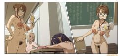 3girls angry angry_vein areolae big_areola big_breasts black_hair blonde_hair breasts brown_hair casual casual_exposure casual_nudity geso_smith glasses nipples nudism nudist nudity original original_character original_characters pubic_hair reading reading_book school sleeping teacher