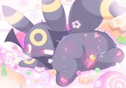 2025 adorable anus ass bed_sheet bedding black_body black_fur blush bodily_fluids bottomless candy candy_in_pussy candy_insertion candy_wrapper carved_pumpkin clothed clothing costume cute dessert detailed_background digital_drawing_(artwork) digital_media_(artwork) eeveelution female feral food fruit fur generation_2_pokemon genitals halloween heart_symbol hi_res holidays jack-o'-lantern kawaii lollipop lollipop_in_pussy looking_at_viewer looking_back markings nintendo orange_lollipop pawpads paws pink_anus pink_eyes pink_pawpads pink_text_border pink_vulva plant pokemon pokemon_(species) presenting presenting_hindquarters presenting_vulva pumpkin ring_(marking) signature small_nose smile solo star_symbol stem striped_ears sweat sweatdrop tail text topwear topwear_only umbreon vulva waruwaru0205 white_text yellow_markings