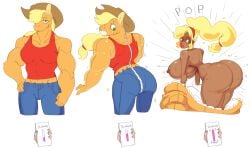 (mlp) absurd_res anthro anthro_to_human applejack_(mlp) big_breasts bimbo_lip bimbofication bimbofied bimbophi breast_expansion breasts dark-skinned_female english_text expansion female friendship_is_magic hasbro hi_res huge_breasts hyper hyper_breasts my_little_pony solo text transformation wide_hips