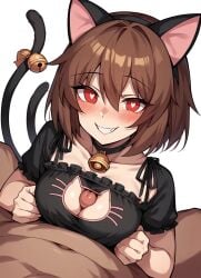 1boy1girl ai_generated animal_ears artificial_intelligence bell black_stockings blush breasts brown_hair cat_cutout cat_ears cat_lingerie cat_tail chara chara_(undertale) cleavage_cutout clothing_cutout fake_animal_ears heart_shaped_pupils horny huge_cock neck_bell paizuri paizuri_under_clothes red_eyes small_breasts smiling tail uncensored undertale underwear