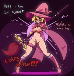 blonde_hair blue_eyes broom d_monomicon full_body masked_female multighosts nipples original pale-skinned_female partially_clothed pink pubic_hair text witch witch_hat