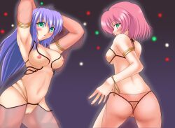 2girls dancer dancer_(ragnarok_online) exhibitionism female green_eyes gypsy gypsy_(ragnarok_online) multiple_girls pink_hair purple_hair ragnarok_online