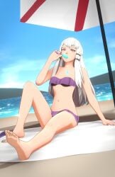 1girls 3d alternate_costume bare_arms bare_legs bare_midriff bare_shoulders barefoot beach bikini breasts collarbone female female_only fire_emblem fire_emblem:_three_houses food food_play legs long_hair looking_at_viewer lysithea_von_ordelia midriff nail_polish nintendo ocean on_towel outdoors overused23 parasol pink_eyes popsicle purple_bikini purple_nails purple_swimsuit seductive shoulders sitting small_breasts solo suggestive_food swimsuit towel umbrella very_long_hair white_hair