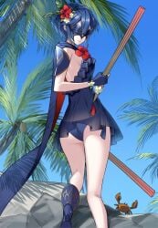 1girls alternate_costume alternate_hairstyle ameno_(a_meno0) animal armor ass bare_legs big_ass bikini blue_bikini blue_gloves blue_hair blue_sky crab female female_only fingerless_gloves fire_emblem fire_emblem_awakening fire_emblem_heroes flower gloves legs lucina_(fire_emblem) lucina_(summer)_(fire_emblem) marth_(fire_emblem_awakening) mask masked nintendo official_alternate_costume official_alternate_hairstyle outdoors palm_tree pauldrons red_flower short_hair shoulder_armor sky solo swimsuit tree