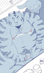 2024 anthro asian_clothing balls belly big_belly blush closed_eyes clothing clothing_aside dain_4201 duo east_asian_clothing face_mask felid flaccid fundoshi fundoshi_aside genitals hi_res japanese_clothing kemono lagomorph leporid male male_only mammal moobs navel nipples overweight_male pantherine penis rabbit sitting solo_male tiger underwear underwear_aside