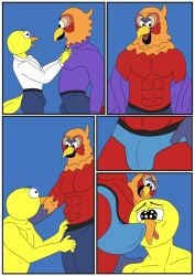 avian bird ciel-wolf clothing erection feathered_wings feathers male male/male muscular nickelodeon parrot red_body sergio_(the_casagrandes) suit the_casagrandes the_loud_house underwear undressing walt_loud wings yellow_body