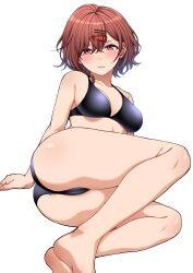 1girls barefoot bikini black_bikini blush breasts brown_eyes brown_hair feet female female_only hair_ornament hairclips higuchi_madoka idolmaster idolmaster_cinderella_girls kobaji light-skinned_female light_skin looking_at_viewer medium_breasts solo sweat tagme