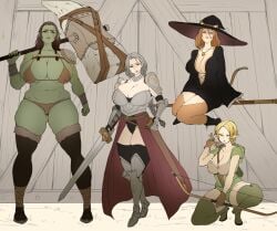 4girls adventurer armor armored_female arrow_(projectile) arrow_(weapon) barbarian big_breasts bow_(weapon) breasts cat_ears cat_tail catgirl cleavage clothed clothing elf elf_ears elf_female elf_girl fantasy green_body green_eyes holding holding_object holding_weapon huge_breasts mature mature_female mature_woman medieval medieval_fantasy milf multiple_girls nipple_bulge orc orc_female original original_character original_characters pointy_ears ranger sword thick_thighs thighhighs thighs toshi21888046 wide_hips witch