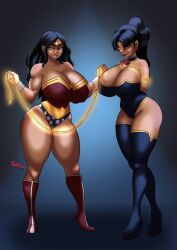 2girls big_breasts black_hair bondage clothed dc_comics female_only lasso_of_truth multiple_girls skin_tight skom_(artist) superwoman thick_thighs wide_hips wonder_woman