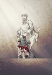 akeart ancient_rome armor ass awakeningart bacchus backsack bowing_down deity donkey erection european_mythology flaccid_penis fruit gay hairy_ass holding_weapon human kneeling large_penis male male_only penis rear_view roman roman_mythology roman_soldier statue sword upskirt worship