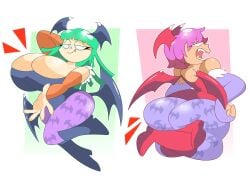 ass bat_wings breasts darkstalkers drememoto green_hair huge_ass huge_breasts leotard lilith_aensland morrigan_aensland purple_hair succubi succubus wings