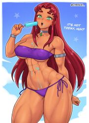 1girls 2024 2d abs armlet ass bikini blush blush_lines blushing_at_viewer bracelet breasts cartoon_network cheekie0 choker cleavage clothing color dc dc_comics dialogue english_text female female_only food green_eyes green_sclera hip_dips holding_object koriand'r long_hair looking_at_viewer muscular muscular_arms muscular_female muscular_thighs navel nipples nipples_visible_through_clothing open_mouth outdoors outside painted_nails partially_clothed pink_nails popsicle popsicle_melting purple_bikini red_hair revealing_clothes small_waist solo solo_female standing starfire sweat sweatdrop sweating swimsuit swimwear talking_to_viewer teen_titans text thick_thighs thighs thin_waist toned toned_female underboob wide_hips wristband