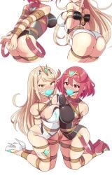 ass bagelbomb ball_gag bondage bound bound_arms bound_legs bound_together breasts core_crystal crotch_rope female female_focus female_only gag gagged high_heels human humanoid looking_at_viewer mythra nintendo on_knees pyra submissive submissive_female taped_hands thighs tied_up xenoblade_(series) xenoblade_chronicles_2