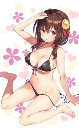 arm_up ass_visible_through_thighs bare_arms bare_belly bare_legs bare_shoulders bare_thighs barefoot belly_button big_breasts bikini black_bikini blush braid breasts brown_hair cleavage collarbone feet hair_ornament kono_subarashii_sekai_ni_shukufuku_wo! official_art open_mouth red_eyes shiny_skin sideboob thighs toes twintails underboob untied_bikini yunyun_(konosuba) yuuki_hagure