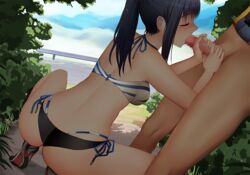 1boy ass bangs bikini black_bikini black_hair blue_sky breasts censored closed_eyes couple erection fellatio female flower ginhaha hands_on_another's_penis hibiki_yuuta high_ponytail long_hair medium_breasts mosaic_censoring no_pants oral penis ponytail sex sky squatting ssss.gridman straight striped striped_bikini swimsuit takarada_rikka testicles thighs