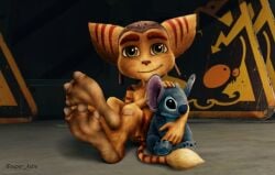 3_toes 3d_background alien anthro artist_name balls band-aid band-aid_on_knee band-aid_on_leg bandage barefoot biped brown_clothing brown_headwear brown_stripes claws clothing digital_media_(artwork) disney experiment_(lilo_and_stitch) feet flaccid foot_focus foreskin fur genitals green_eyes headgear headwear hi_res holding_object holding_plushie lilo_and_stitch lombax male mammal markings mostly_nude mostly_nude_anthro mostly_nude_male paws penis plushie ratchet_(ratchet_and_clank) ratchet_and_clank sign sitting small_penis smile smiling_at_viewer solo sony_corporation sony_interactive_entertainment stitch_(lilo_and_stitch) striped_arms striped_body striped_ears striped_fur striped_legs striped_markings striped_tail stripes super_kubo tail tail_markings tail_tuft tan_body tan_fur toe_claws toes tuft