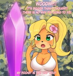 1girls big_breasts blonde_hair breasts busty cleavage coco_bandicoot crash_bandicoot_(series) english_text female furry green_eyes large_breasts open_mouth sexually_suggestive shirt sleeveless sleeveless_shirt suggestive surprised tank_top text_focus white_shirt