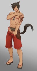 1boy abs black_hair cat_ears cat_tail catboy cum geta licking_cum looking_at_viewer male_only muscles nipples orange_eyes penis sandals tattoo z9_labs z9labs