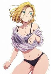 ai_assisted android_18 ass_visible_through_thighs bare_belly bare_legs bare_thighs belly_button big_breasts bikini bikini_under_clothes blonde_hair blue_eyes breasts cleavage closed_mouth collarbone dragon_ball groin jei_games purple_bikini see-through see-through_clothing shirt short_hair sweatdrop thighs