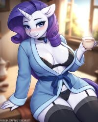 bathrobe big_breasts blue_eyes blush breasts holding_drink innie_pussy looking_at_viewer mostly_nude my_little_pony open_bathrobe purple_hair pussy rarity_(mlp) sitting_on_bed smile twistedscarlett60 unicorn_horn