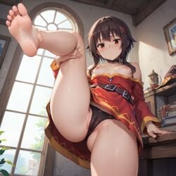 1girl 1girls ai_generated areolae barefoot black_panties blush breasts brown_hair cameltoe closed_mouth clothing day detailed_background ears eyebrows eyelashes face feet feet_up female foot_fetish foot_focus holding_own_leg indoors kono_subarashii_sekai_ni_shukufuku_wo! legs legs_up light_skin looking_at_viewer megumin mound_of_venus mouth nipples no_penetration nose one_leg_raised pale_skin petite presenting_vagina pureelf red_dress red_eyes skirt_lift small_breasts soles solo spread_legs stable_diffusion thick_thighs thighs toes topless vagina white_skin