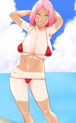 1girls 2d armpits arms_behind_head bikini breasts cleavage closed_mouth covered_erect_nipples female female_focus full_color green_eyes grin huge_breasts naruto naruto_(series) naruto_shippuden navel no_penetration panties pink_hair sakura_haruno short_hair smile solo solo_female source_request sunahara_wataru swimsuit tan tanline underwear