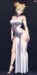 ai_generated artist_name artist_request ass blonde_hair breasts conniexx dress earrings heels long_dress smile smiling smiling_at_viewer temari white_dress