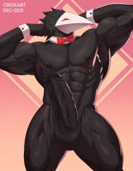 abs bara biceps big_penis bowtie cresxart dark_skin flexing flexing_bicep gay muscles muscular muscular_male non-human red_eyes tagme thick_penis