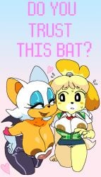 2girls animal_crossing anthro areola areolae assisted_exposure bat bat_wings bell big big_areola big_nipples bow bow_panties bowtie breasts brown_lips brown_nipples button_down_shirt buttoned_shirt canid canine canis cassettedream clothed clothing crossover dark_lips dark_nipples dog_ears dog_tail doubutsu_no_mori dream-cassette duo edit english_text female female_only flannel flannel_shirt furry gloves green_shirt hoshime isabelle_(animal_crossing) malfunction mob_face nintendo nipple_slip nipples_visible_through_clothing panties pink_bow pink_bowtie pink_ribbon pink_text red_bow red_bowtie red_ribbon ribbon rouge_the_bat seductive seductive_smile see-through see-through_clothing sega shizue_(doubutsu_no_mori) simple_eyes sonic_(series) sonic_the_hedgehog_(series) tail teal_eyes text upskirt wardrobe wardrobe_malfunction white_panties wings