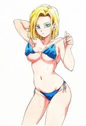 ai_assisted android_18 arm_behind_back armpits ass_visible_through_thighs bare_arms bare_belly bare_legs bare_shoulders bare_thighs belly_button big_breasts bikini bikini_top_pull blonde_hair blue_bikini blue_eyes breasts cleavage collarbone dragon_ball earrings groin holding_strap jei_games open_mouth short_hair side-tie_bikini_bottom sideboob thighs underboob wet_body