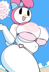 anthro beach big_breasts bow bunny bunny_ears bunny_girl cassettedream chubby dialogue dream-cassette hair_ornament headgear hoshime huge_breasts lagomorph leporid my_melody nipples onegai_my_melody perfect_cuddle:chub_ratio pink_nipples sanrio speech_bubble